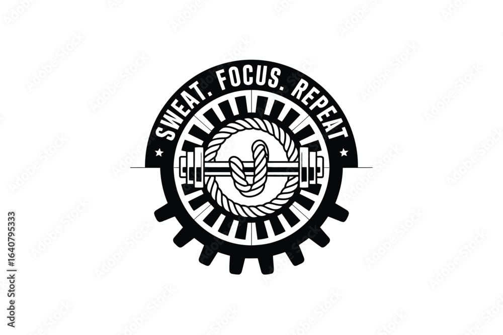 Obraz premium Black and white graphic featuring a barbell with rope knot and motivational text on a gear design