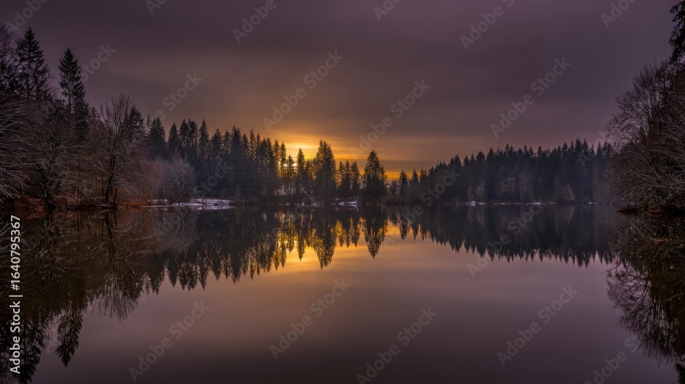 Fototapeta premium A serene lake mirroring golden sunset and forest, creating a perfectly symmetrical dreamscape.