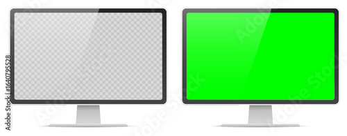 Realistic monitor mockup with transparent and green color plasma screen for advertisement or design. PC display. Modern computer front view. Electrical equipment. Vector 3D objects set