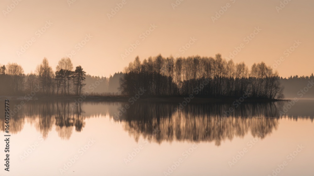 Fototapeta premium A serene lake mirroring golden sunset and forest, creating a perfectly symmetrical dreamscape.