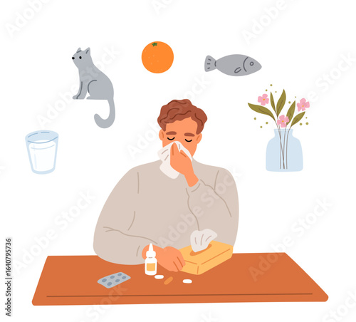 Man suffers from allergies to pollen, cat hair, citrus fruits, milk and fish. Reaction to food allergens. Medical treatment. Sneezing and runny nose. Patients symptom. Vector concept