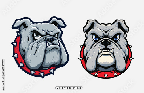 Vector illustration of aggressive bulldog head logos with spiked collars on white