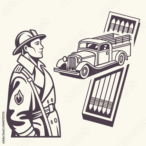 Retro illustration of a soldier overseeing military logistics, with a vintage truck emerging from a box of ammunition.