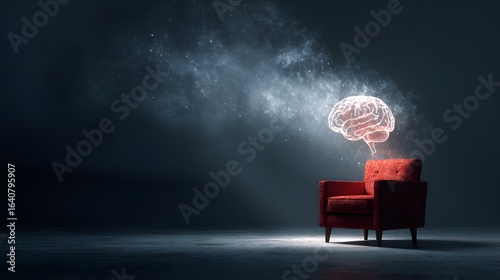 A brain hovers above a red armchair.