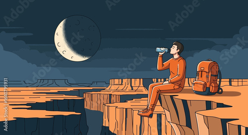 Lone hiker taking a refreshing break at the canyon edge under the moonlight adventure and tranquility in the desert landscape