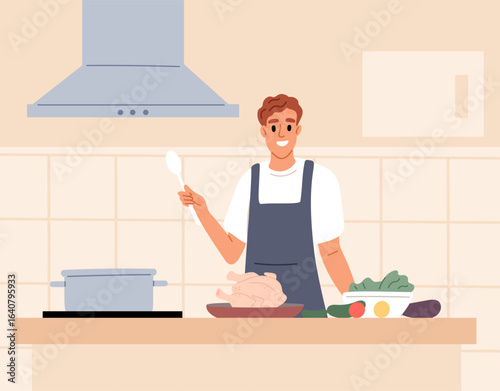 Man cooks chicken in his kitchen. Young guy prepares meal. Dinner preparation. Person cooking home. Chef frying meat with vegetables at stove. Food products on table. Vector concept