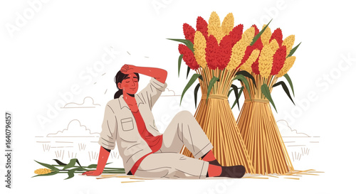 Illustration Of Hardworking Woman Taking A Break During Sorghum Harvest Season