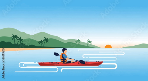 Illustration of kayaking at sunset on tropical island with man and sea view during holidays perfect getaway