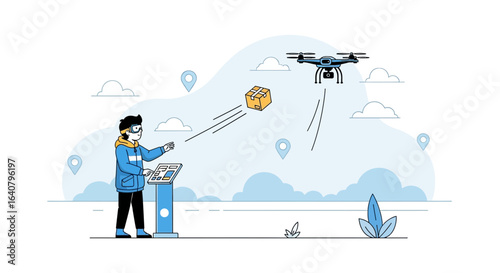 Illustration of modern drone delivery system controlled by a man, showcasing technology and efficiency in logistics and distribution
