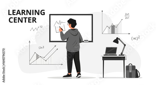 Illustration of student or teacher explaining business charts at a learning center