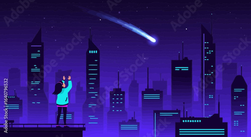 Illustration of woman watching a meteor shower in futuristic cityscape at night