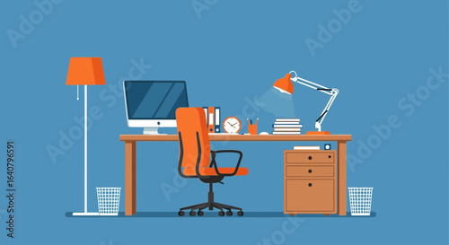 Modern workspace illustration featuring desk with computer and chair vector design for remote work and study environment