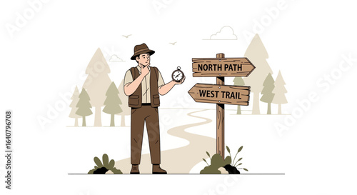 Lost Explorer Deciding Which Way To Go With Compass And Signpost