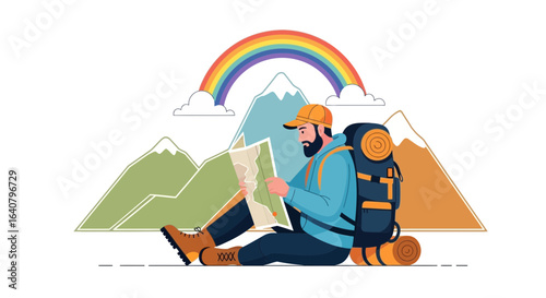 Lost Hiker Consulting a Map Among Beautiful Mountain Landscape And Rainbow