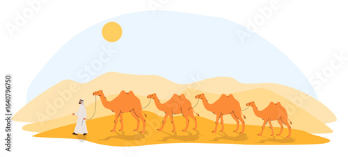 Caravan of camels on background of beautiful sandy landscape. Saudi man leading dromedary. Sand dunes panorama. Bedouin journey. Nature wild desert. Sahara barchans scene. Vector concept
