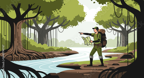 Lost In The Jungle Adventures With A Guide Examining The Detailed Topographic Map