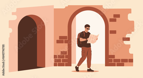 Lost in Translation A Traveler Navigating Ancient Ruins with a Detailed Map Illustration