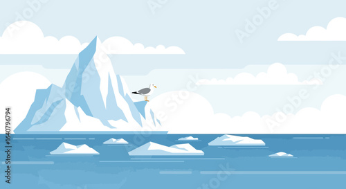 Illustrative arctic landscape with iceberg and seagull conveys the beauty of nature
