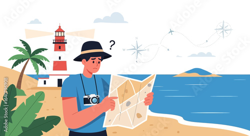 Lost tourist with a map on a tropical beach near a lighthouse illustration