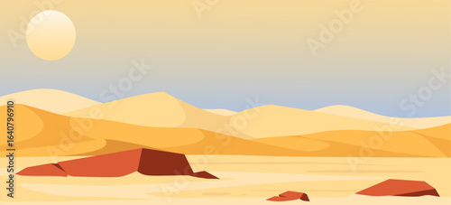 Beautiful desert landscape with sand dunes and red rocks. Drought arid climate. Scenic panorama. Sandstone cliffs. Sahara scene. Wilderness nature. Sandy barchans. Vector background