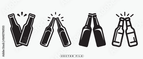 Black and white vector illustration of beer bottles toasting and cheering