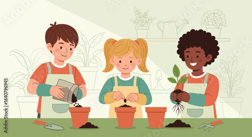 Illustrative children planting seeds and seedlings into pots inside a bright room showcasing horticultural activities and botanical interest