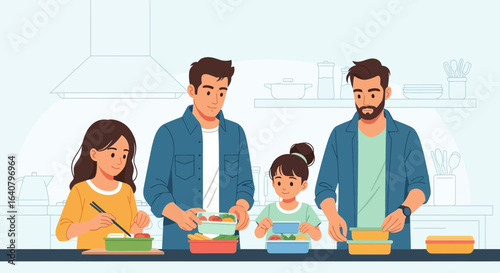 Lovely family preparing healthy lunch boxes together in the kitchen with joy and love