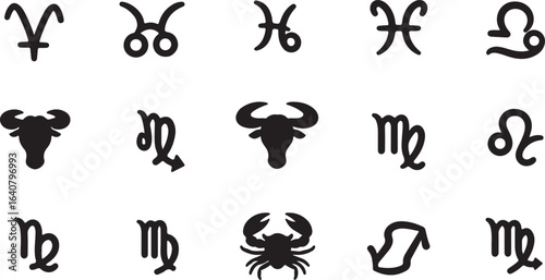 Diverse Black Zodiac Symbols and Silhouettes on White Background astrology horoscope
