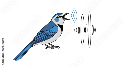 Illustrative depiction of a blue jay vocalizing with visible sound waves emanating from its beak featuring simple lines and cool tones