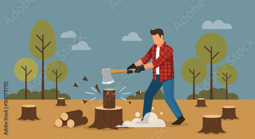 Lumberjack Cutting Woods With An Ax In A Deforested Landscape Scene