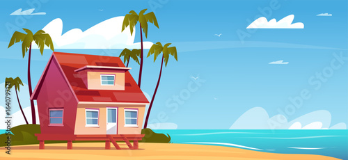 Beach hut or bungalow on stilts on sandy beach near ocean. House by sea. Tropical island with summer cottage and palms. Seashore building. Summertime travel. Vector paradise scenery