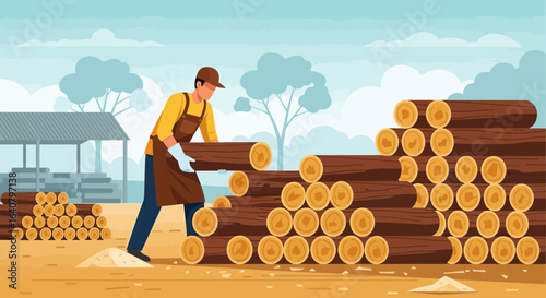 Lumberjack Stacking Logs At A Timber Yard Depicts Forestry Industry Practices