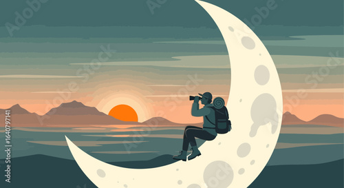 Illustrative depiction of a man on the moon with a telescope observing distant lands at sunset landscape artwork