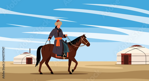 Mongolian Horseman Traveling Across the Desert Steppe near Traditional Yurt