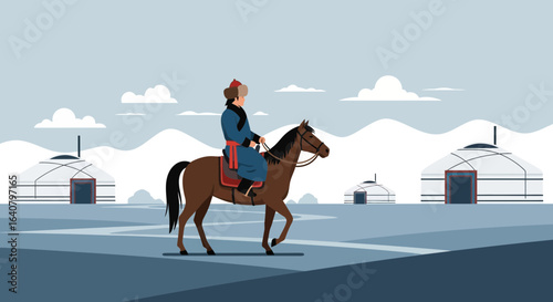Mongolian nomad riding a horse across the steppe with traditional yurts in background