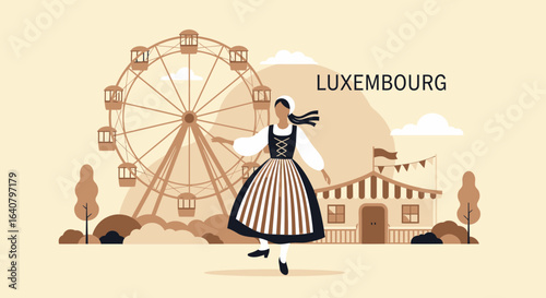 Luxembourg Fair Maiden With Ferris Wheel And Amusement Park Buildings