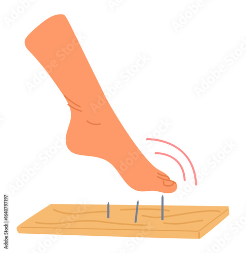 Barefoot human foot steps on steel nails sticking out of wooden board. Unexpected leg injury. Painful trauma. Careless inconsiderate walking. Harmful misfortune accident. Vector concept