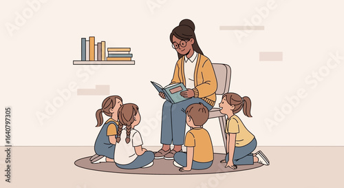 Illustrative depiction of a teacher reading to a group of children in a classroom setting