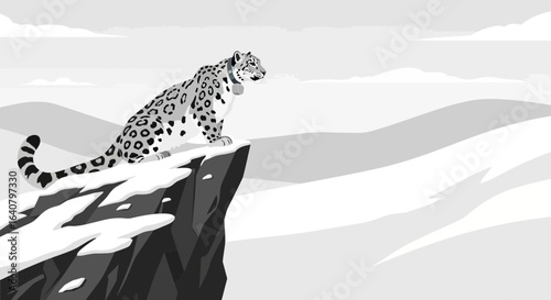 Monochromatic elegance a snow leopard watches over a stark winter landscape
