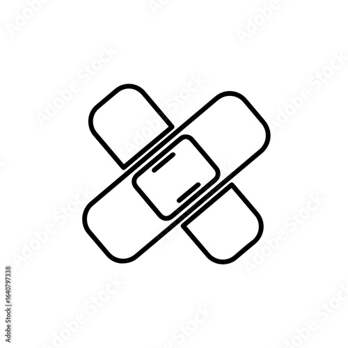 Symbol of healing and first aid. A minimalist line icon of crossed adhesive bandages for medical and healthcare concepts.