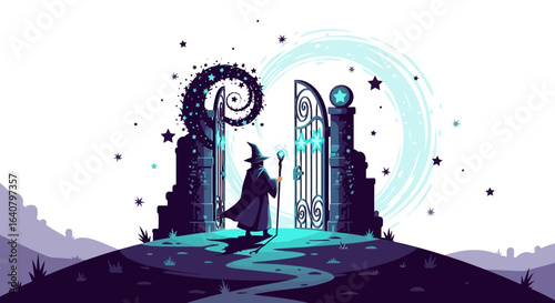 Magical journey awaits: A wizard's passage through star-studded gates to enchantment