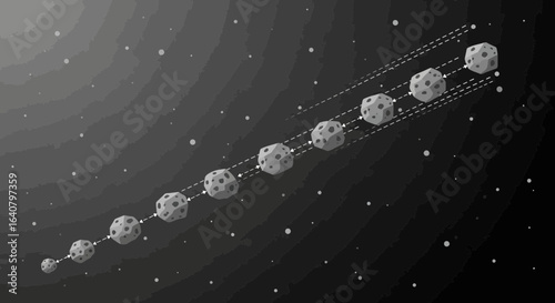 Monochrome depiction of a meteor shower with dotted line trajectory in outer space