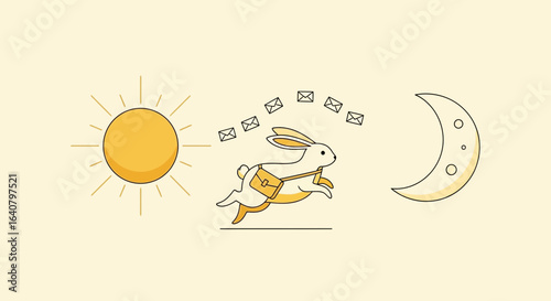 Illustrative Design of a Speedy Rabbit Delivering Mail From Sunrise to Moonlight