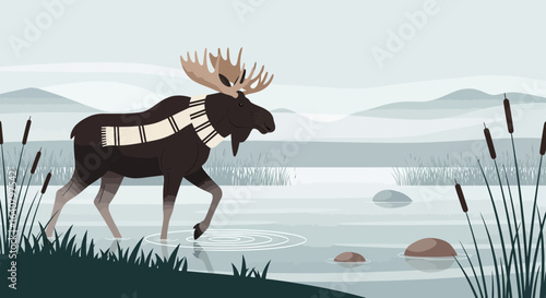 Moose Enjoying Winter River Stroll With Scarf Against Mountain Backdrop