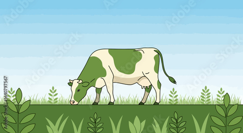 Illustrative green and white dairy cow grazing peacefully in a lush green meadow under a bright sky