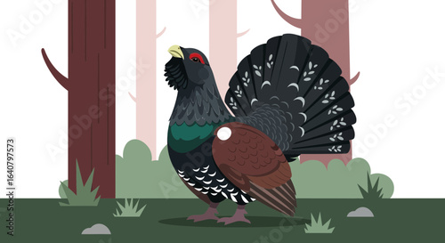 Majestic Capercaillie Illustration Amidst Tranquil Forest Setting Beautiful Bird