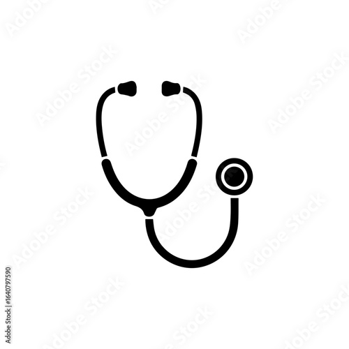 A simple black silhouette icon of a medical stethoscope, a symbol of healthcare and the medical profession, isolated on a white background.