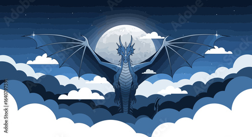 Majestic Blue Dragon Soaring Through Clouds Under Moonlight Fantasy Illustration