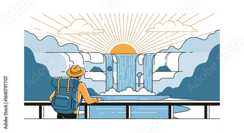 Illustrative image of a traveler admiring the majestic waterfall at sunrise enjoying vacation