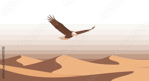 Majestic Eagle Gliding Over Arid Desert Landscape Underneath a Pale Sky